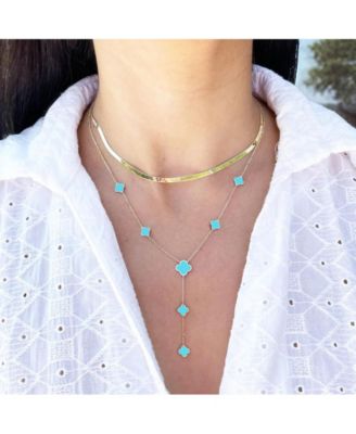 Turquoise Clover Station Lariat Necklace 14K Gold
