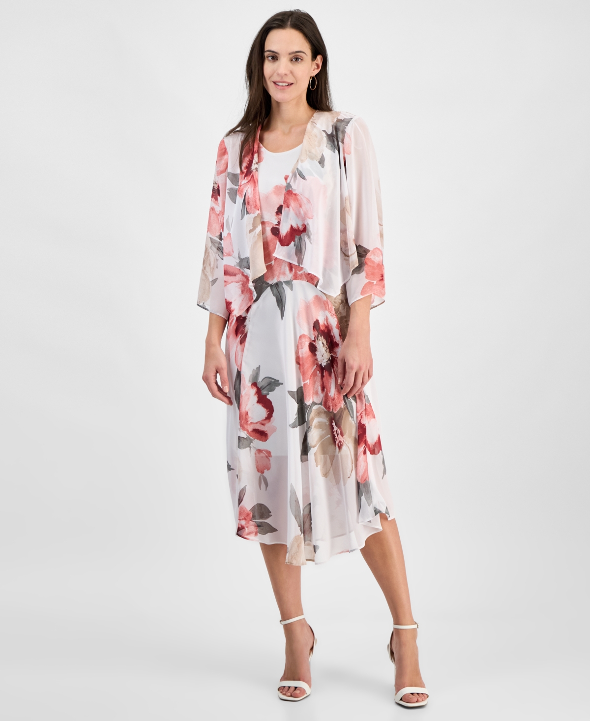 Women's Floral Print Chiffon Midi Dress & Jacket Set - White/mult