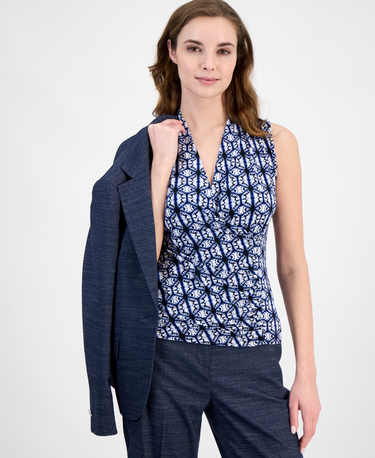Anne Klein Shirred Surplice Blouse In Blue