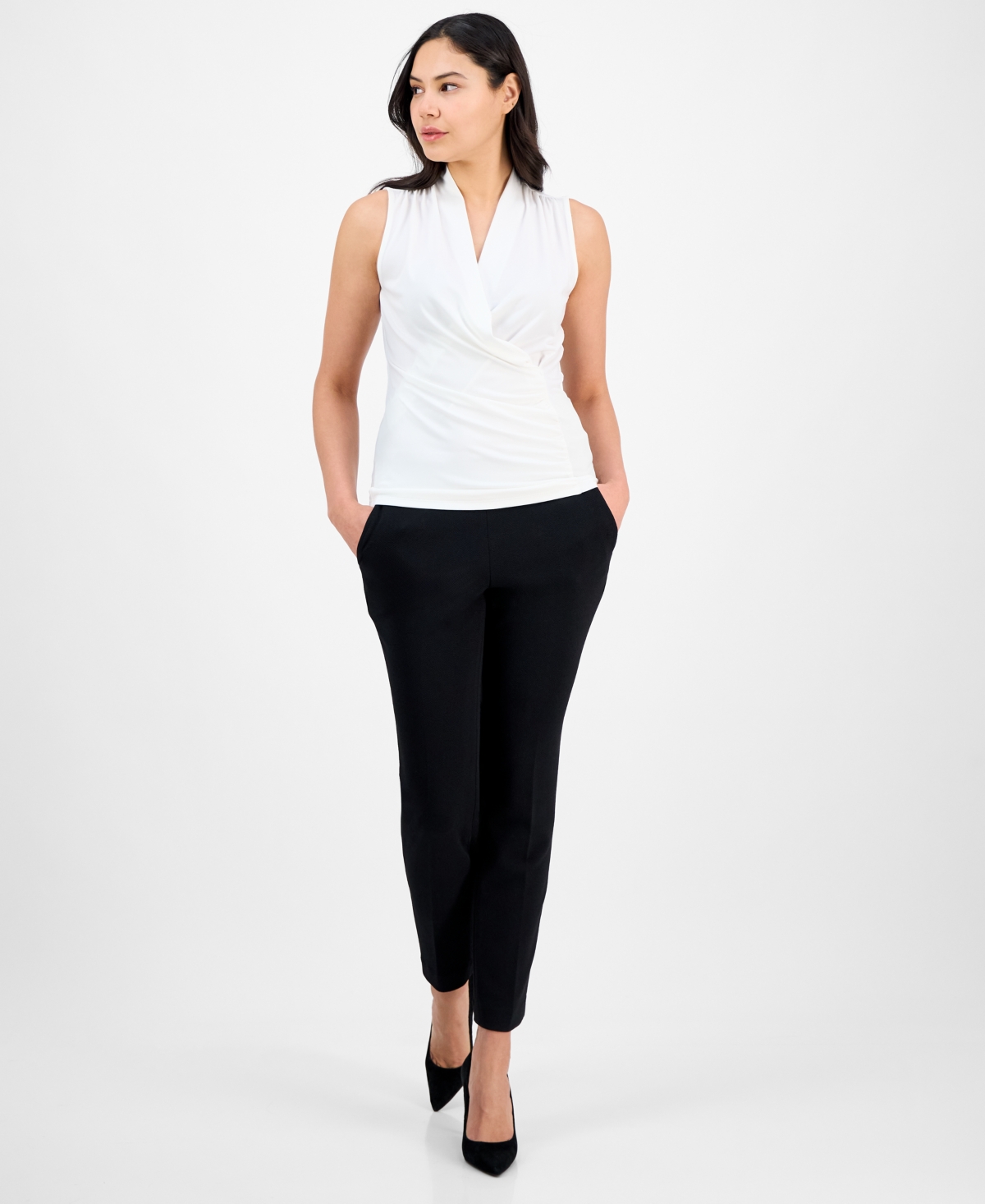 Anne Klein Shirred Faux Wrap Top In White Dove