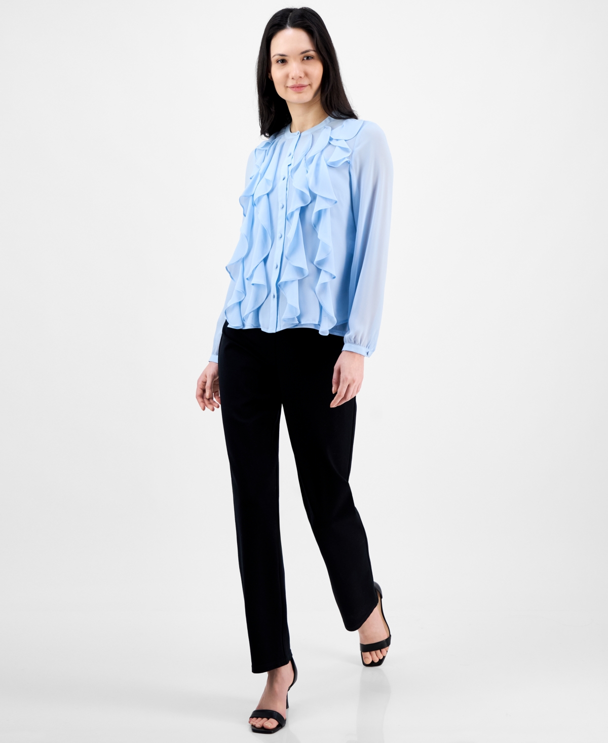 Anne Klein Ruffle Front Chiffon Blouse In Opal Blue