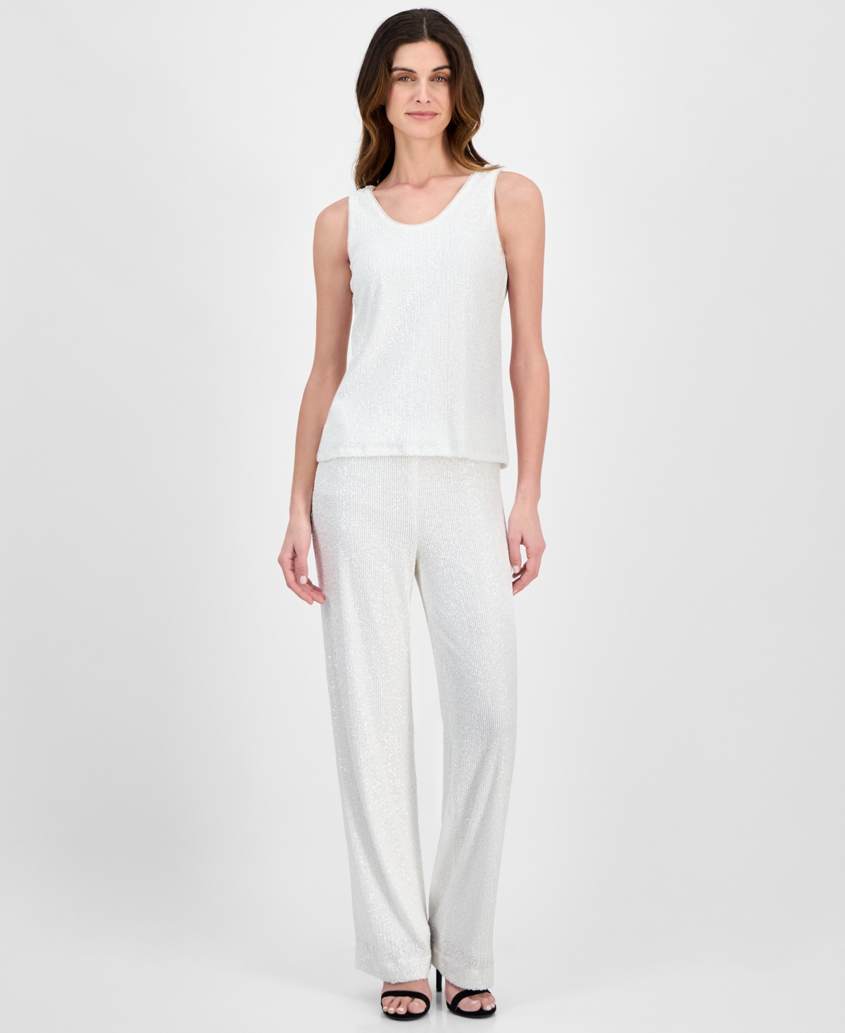 Anne Klein Women's Sequin Double-scoop Sleeveless Tank In White