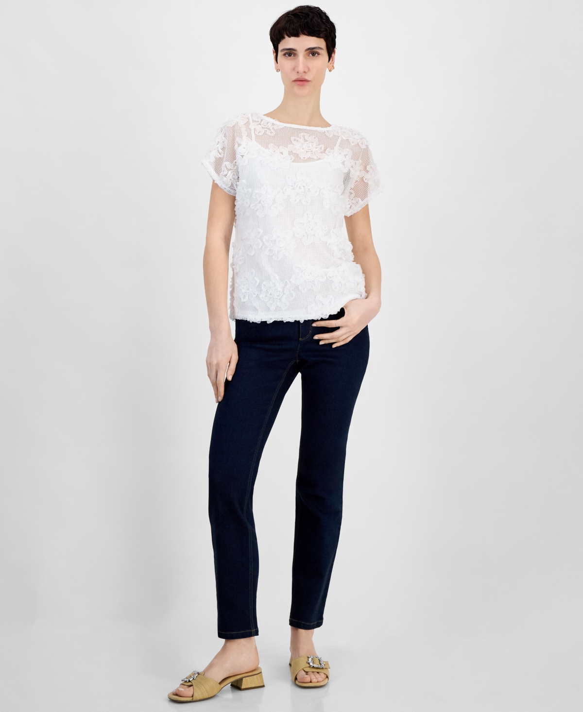 Anne Klein Women's Soutache Net Short-sleeve Top In Bright White