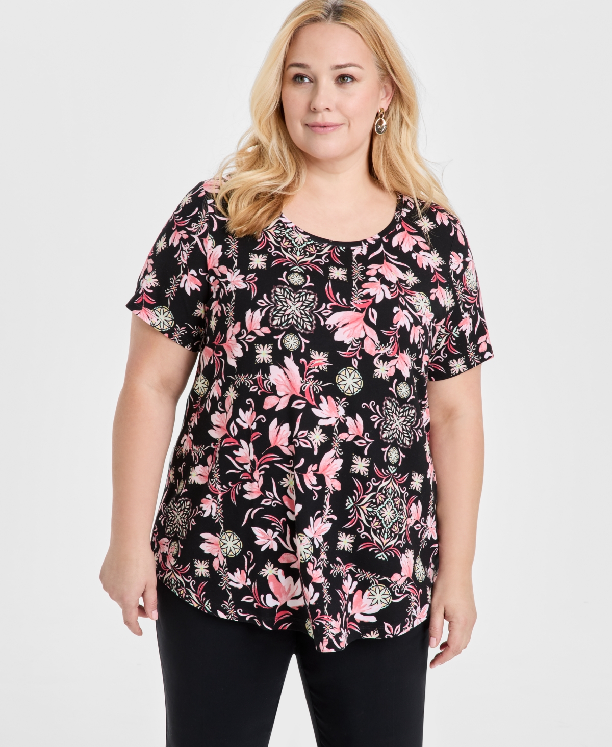 JM COLLECTION PLUS SIZE SCOOP-NECK SHORT-SLEEVE TOP, EXCLUSIVELY AT MACY'S 
