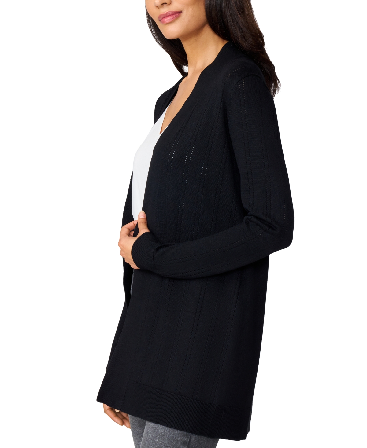 Melissa Paige Petite Pointelle Open-Front Long Cardigan