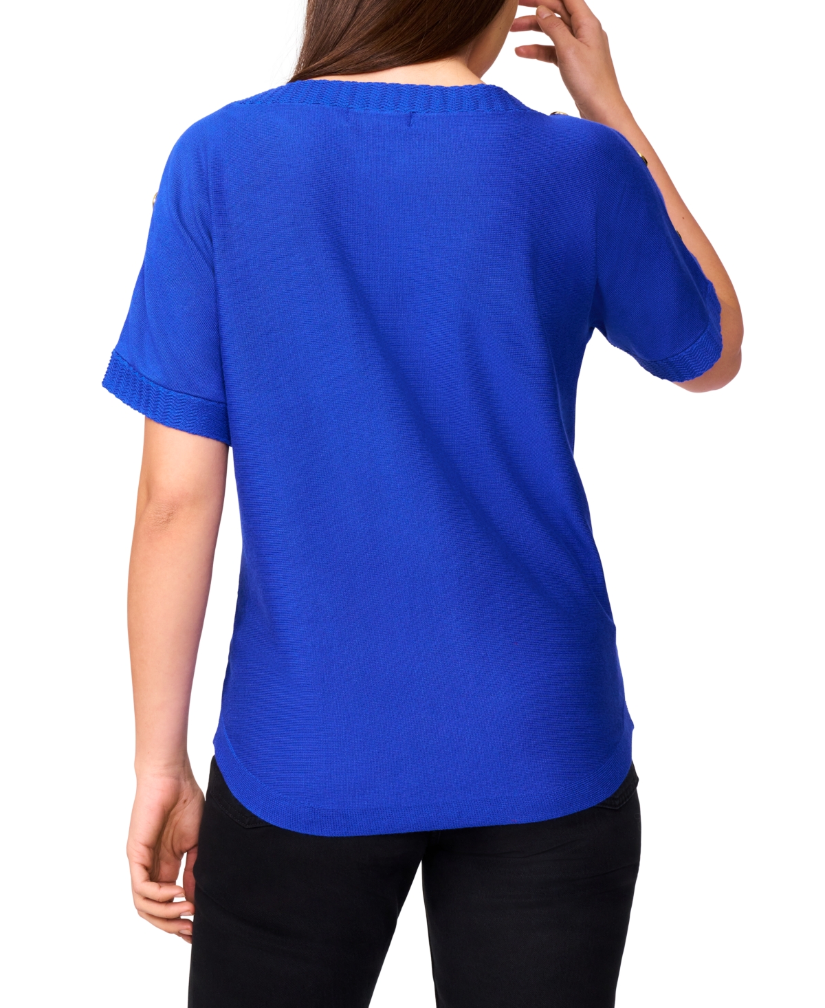 Melissa Paige Petite Button Detail Dolman Short-sleeve Sweater In Blue