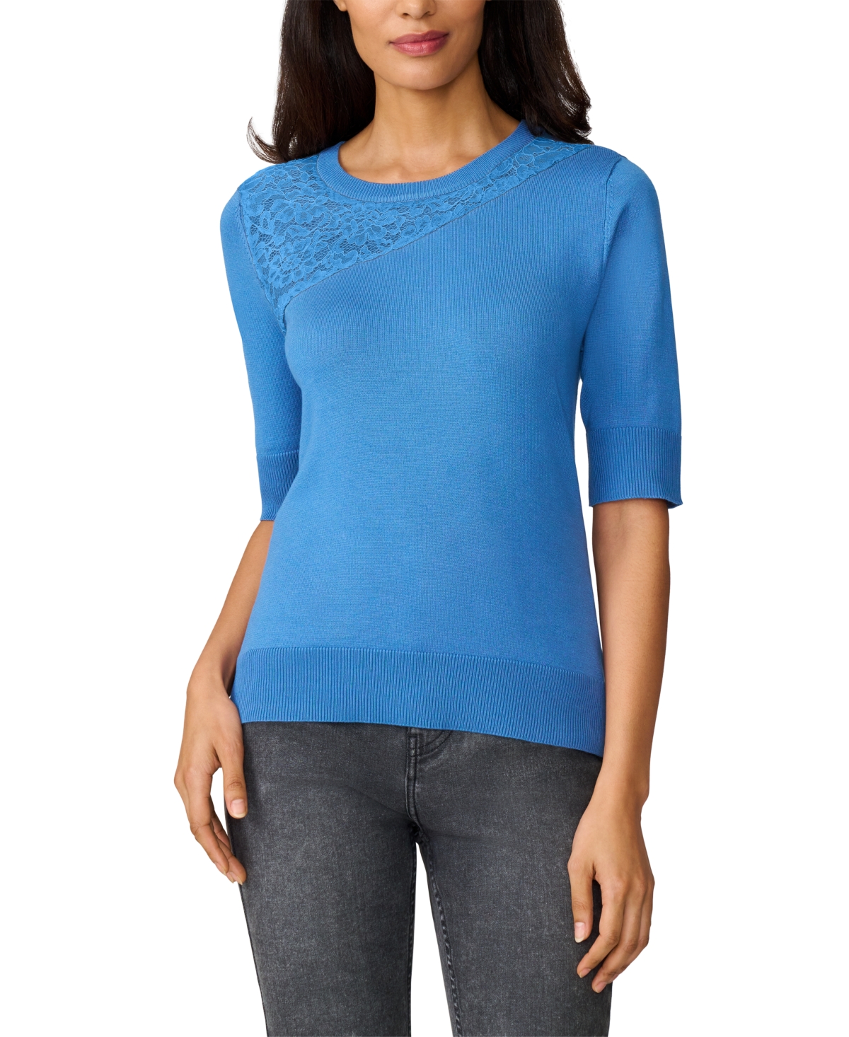Melissa Paige Petite Lace-panel Elbow-sleeve Sweater In Blue