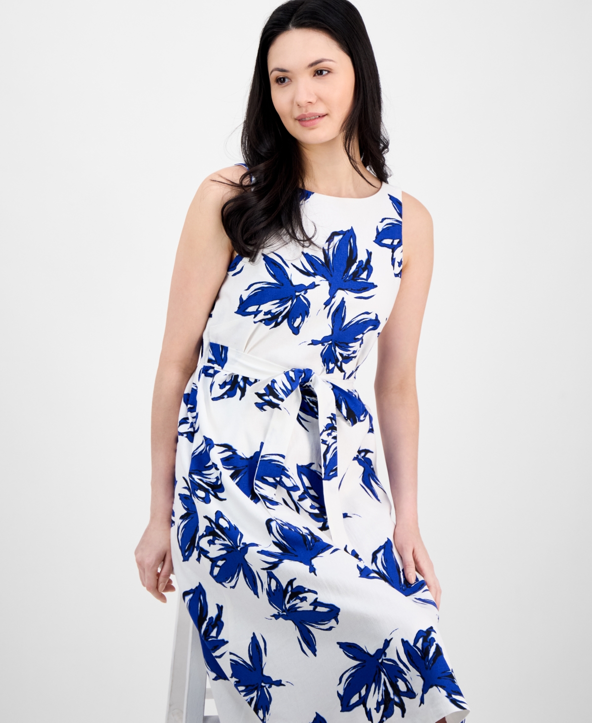 Anne Klein Plus Size Floral-print Linen-blend Fit & Flare Dress In Santorini Blue Multi