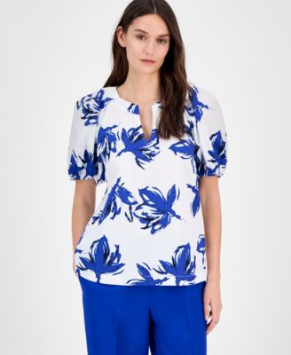 Anne Klein - Women's Cotton Printed Puff-Sleeve Blouse