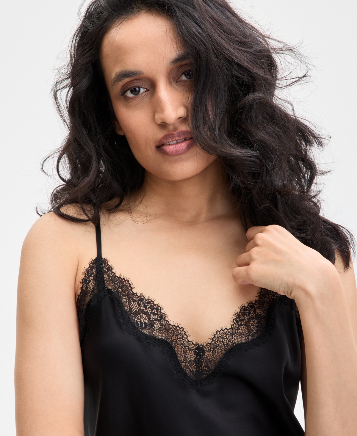 Inc International Concepts Women's Lace-trim Satin Nightgown, Exclusively At Macy's In Deep Black