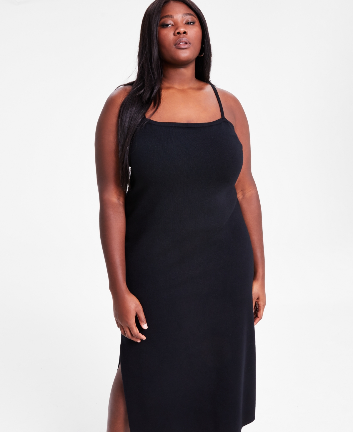 Bar Iii Trendy Plus Size Spaghetti-strap Knit Midi Dress, Exclusively At Macy's In Deep Black