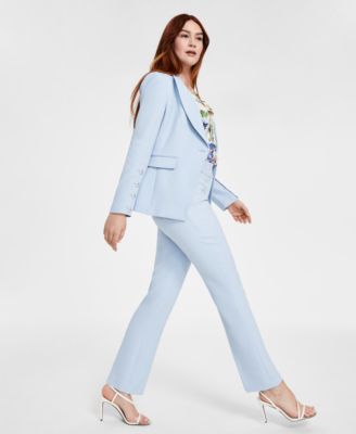 Tahari Asl Womens One Button Twill Blazer Floral Top Flare Leg Pants In Ice Blue