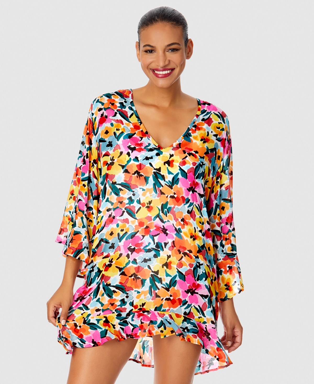 Anne Cole Gradient Floral Flounce V Neck Tunic Swimsuit Cover Up In Multi