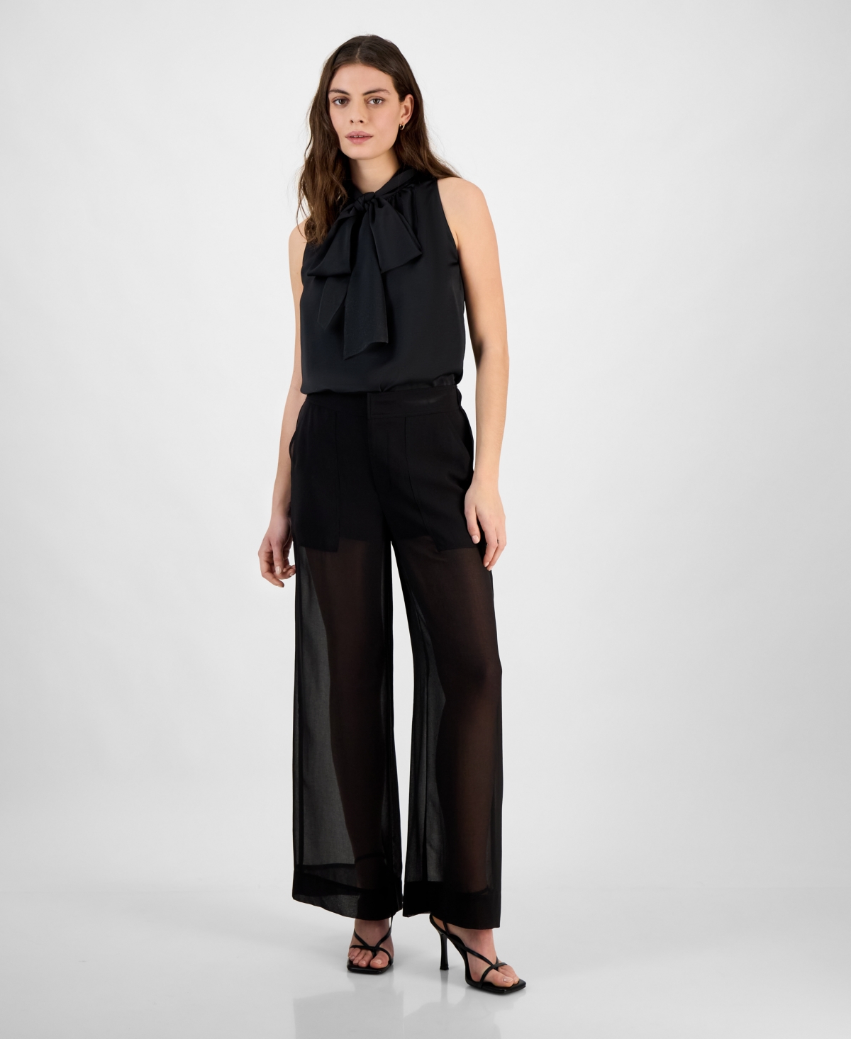 Women's High-Rise Wide-Leg Sheer Pants, Exclusively at Macy's - Deep Black