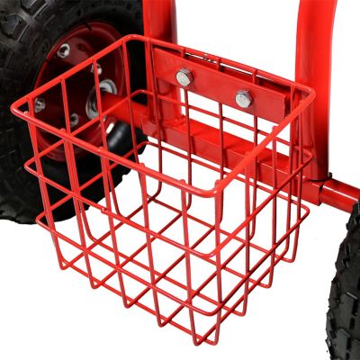 Garden Cart Rolling Scooter with Extendable Steering Handle - Swivel Seat and Utility Basket - Red