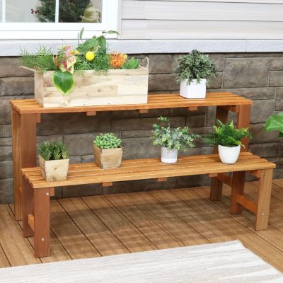Outdoor Meranti Wood with Teak Oil Finish 2-Tiered Decorative Succulent Flower Plant Shelf Stand - 24" - Brown