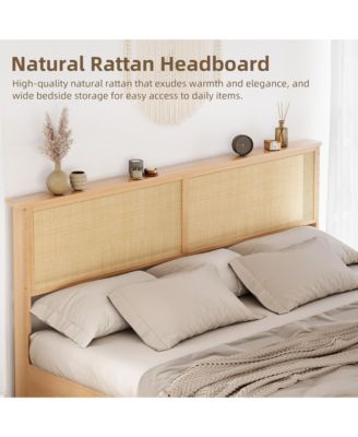 Queen Bed Frame with Natural Rattan Headboard, Platform Bed Frame Queen Size with Storage Headboard