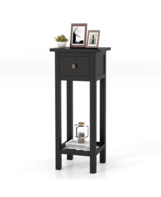 2 Tier Slim Nightstand Bedside Table with Drawer Shelf
