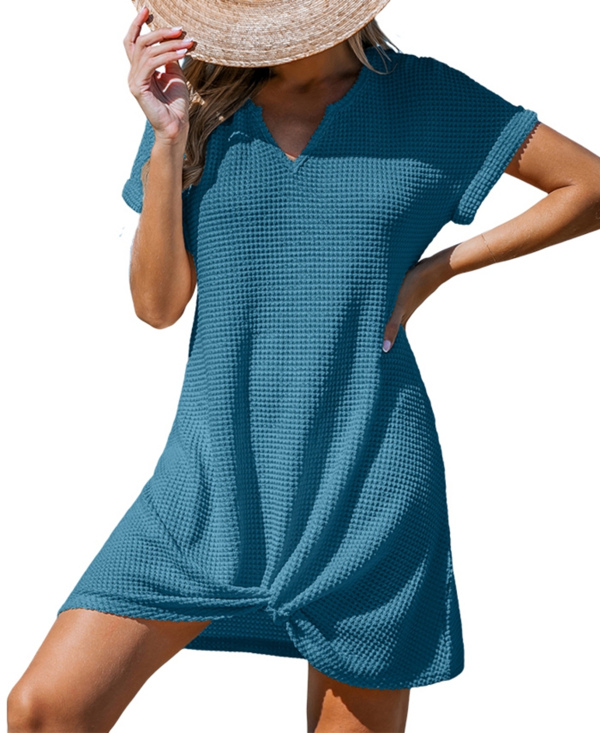 Women's Waffle Knit Short Sleeve Hem Twist Mini Cover-Up - Pink