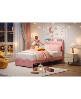 Twin Size Bed Frames with Storage Headboard, Velvet Upholstered Platform Bed Frame with Strong Wooden Slats