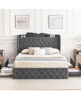 Queen Size Grey Velvet Bed Frame with 4 Convenient Storage Drawers, Wingback Headboard with Charging Station