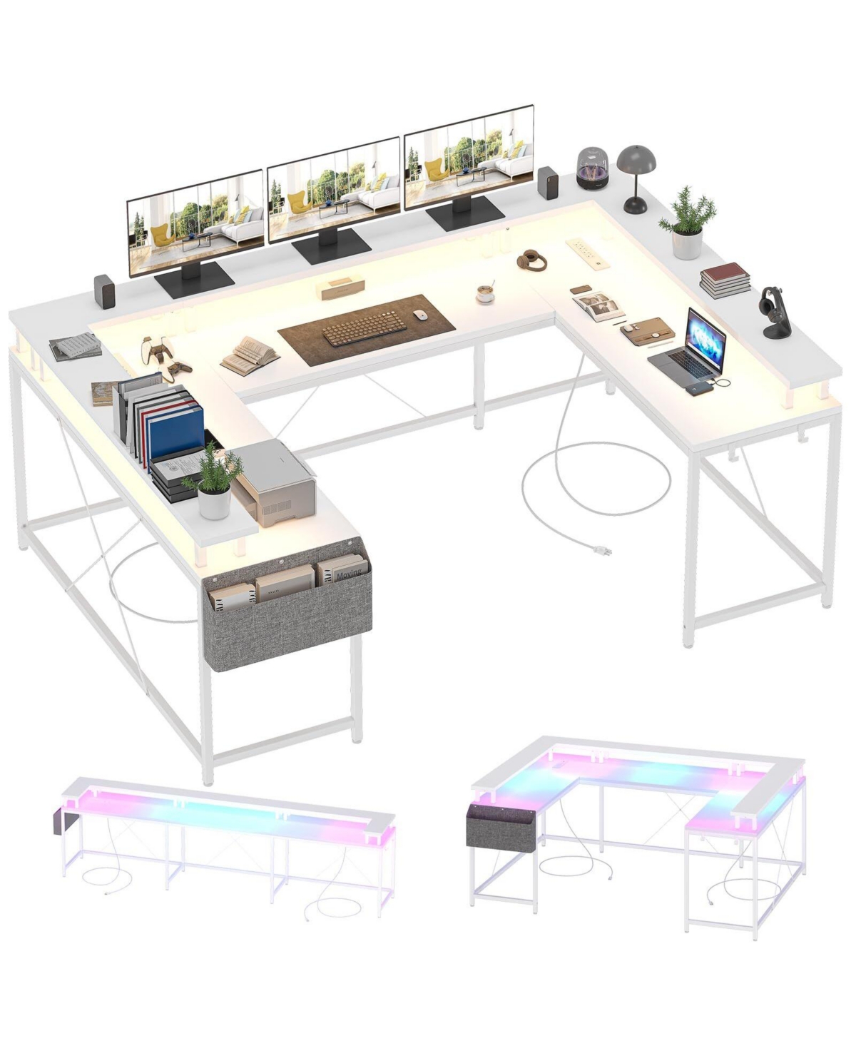 gaomon U Shaped Desk, 126 Inch Gaming Desk with Monitor Stand and Led Lights - White