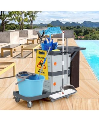 Commercial Janitorial Cart with Cabinet, 3-ply Multi-Purpose Engineered Plastic Housekeeping Car