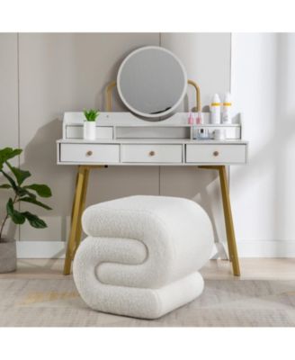 Modern S-Shape Makeup Stool, Teddy Fabric Upholstered Footstool, Comfy Ottoman for Bedroom, Living Room, and Dressing Table