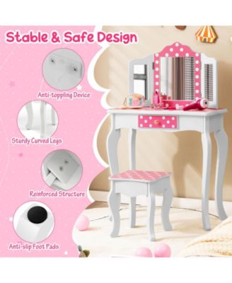 Kids Vanity Table and Stool Set with Cute Polka Dot Print
