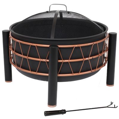 Steel Fire Pit with Bronze Trapezoid Pattern and PVC Cover - 24.5" Round - Black