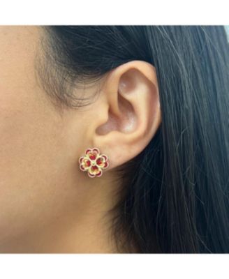 Dark Red Enamel and Gold Clover Earrings 14K Gold