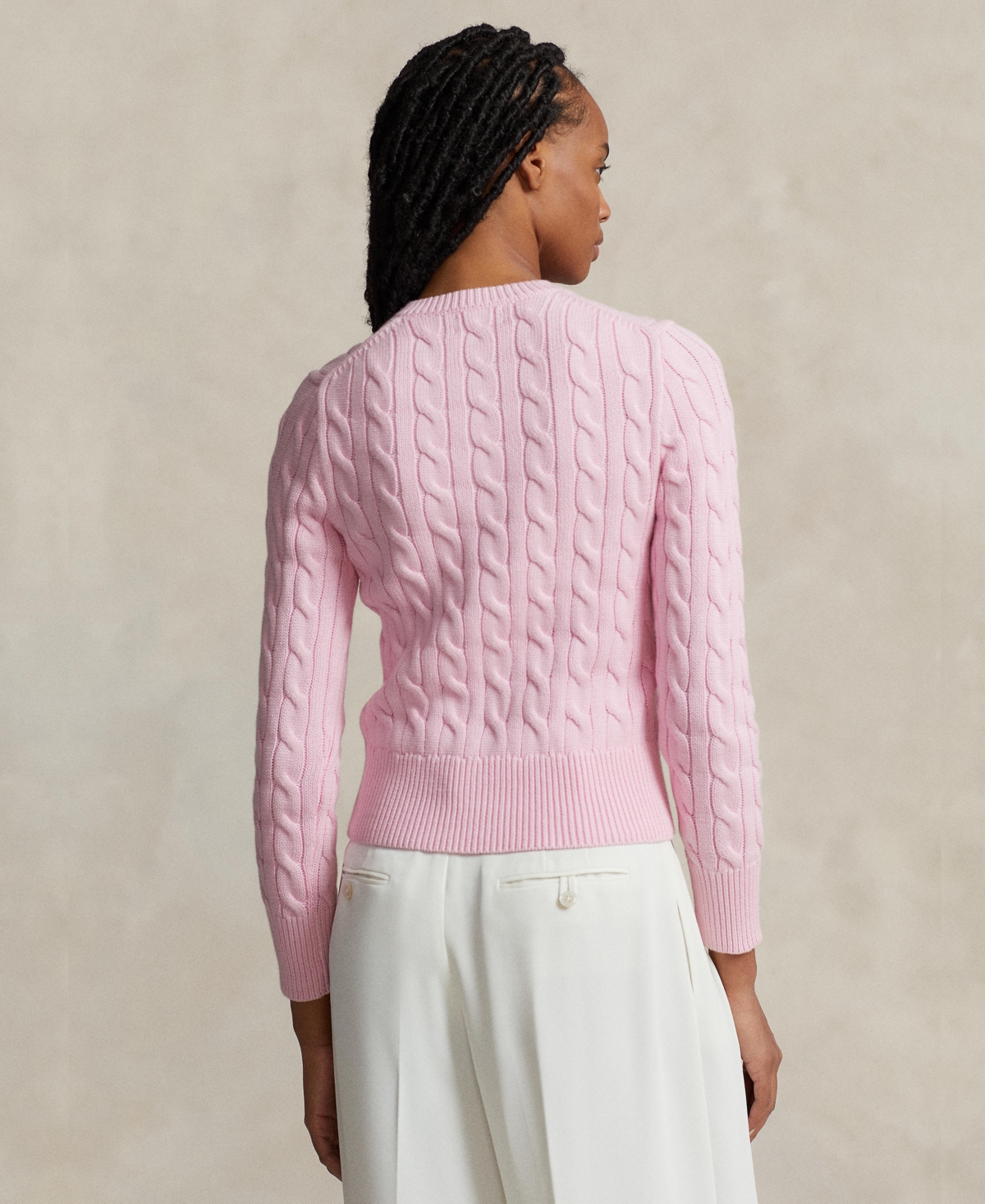 Shop Polo Ralph Lauren Women's Cable-knit Cotton Crewneck Cardigan Sweater In Carmel Pink