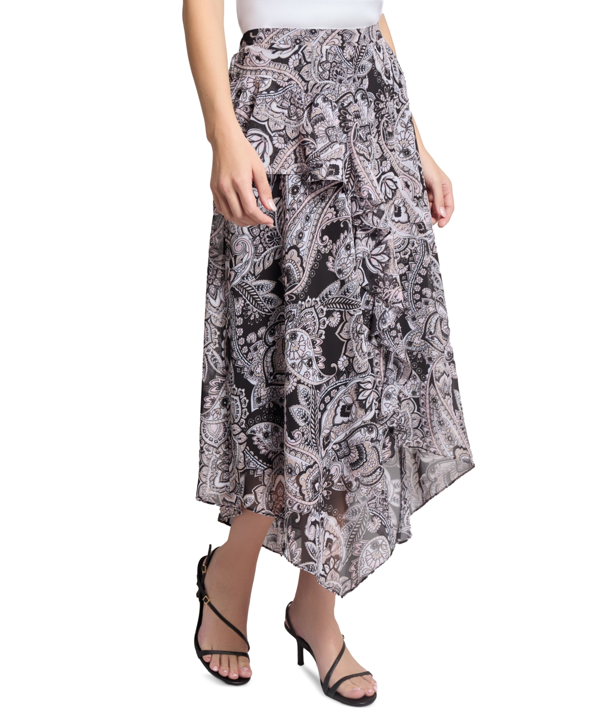 Shop Jones New York Petite Ruffled Paisley-print Pull-on Skirt In Black