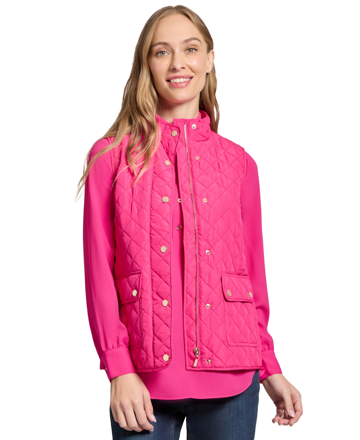 Jones New York Petite Mock-neck Quilted Puffer Vest In Azalea