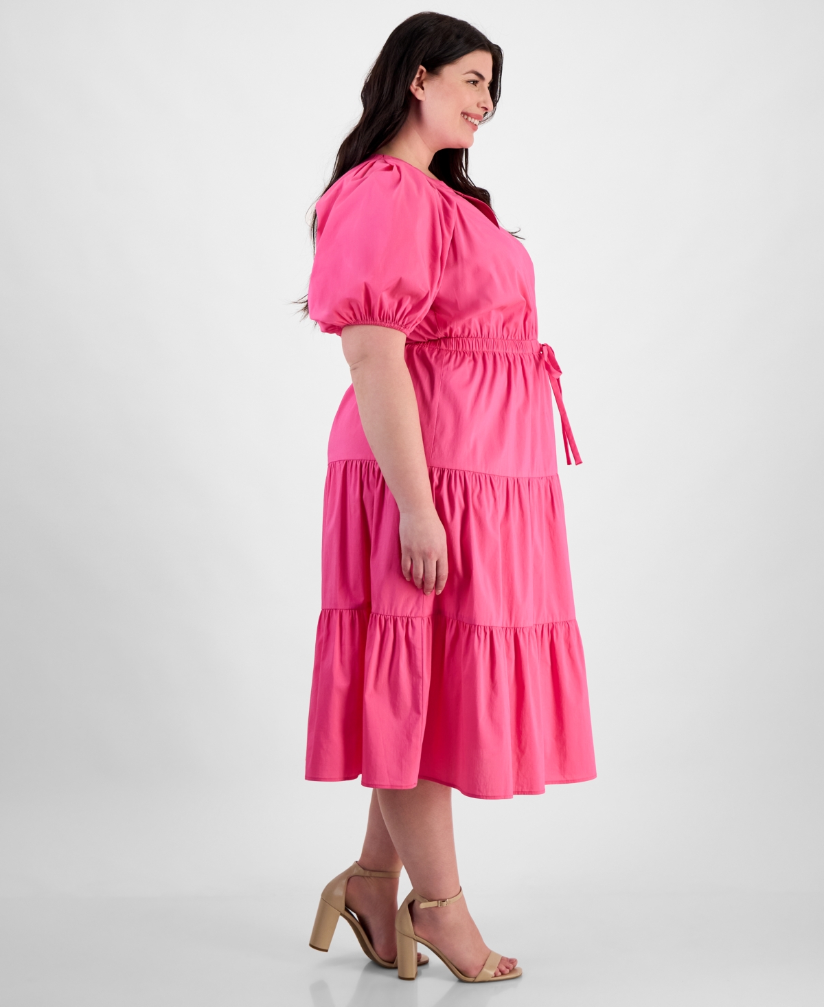 Anne Klein Plus Size Puff-sleeve Tiered Midi Dress In Carmine Rose