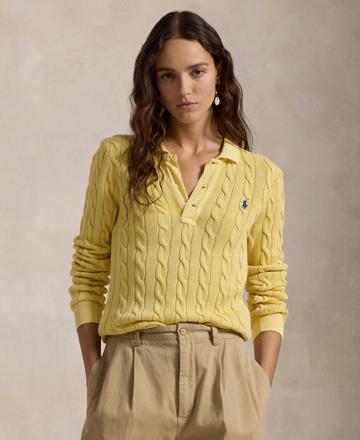POLO RALPH LAUREN WOMEN'S CABLE-KNIT COTTON LONG-SLEEVE POLO SHIRT SWEATER 