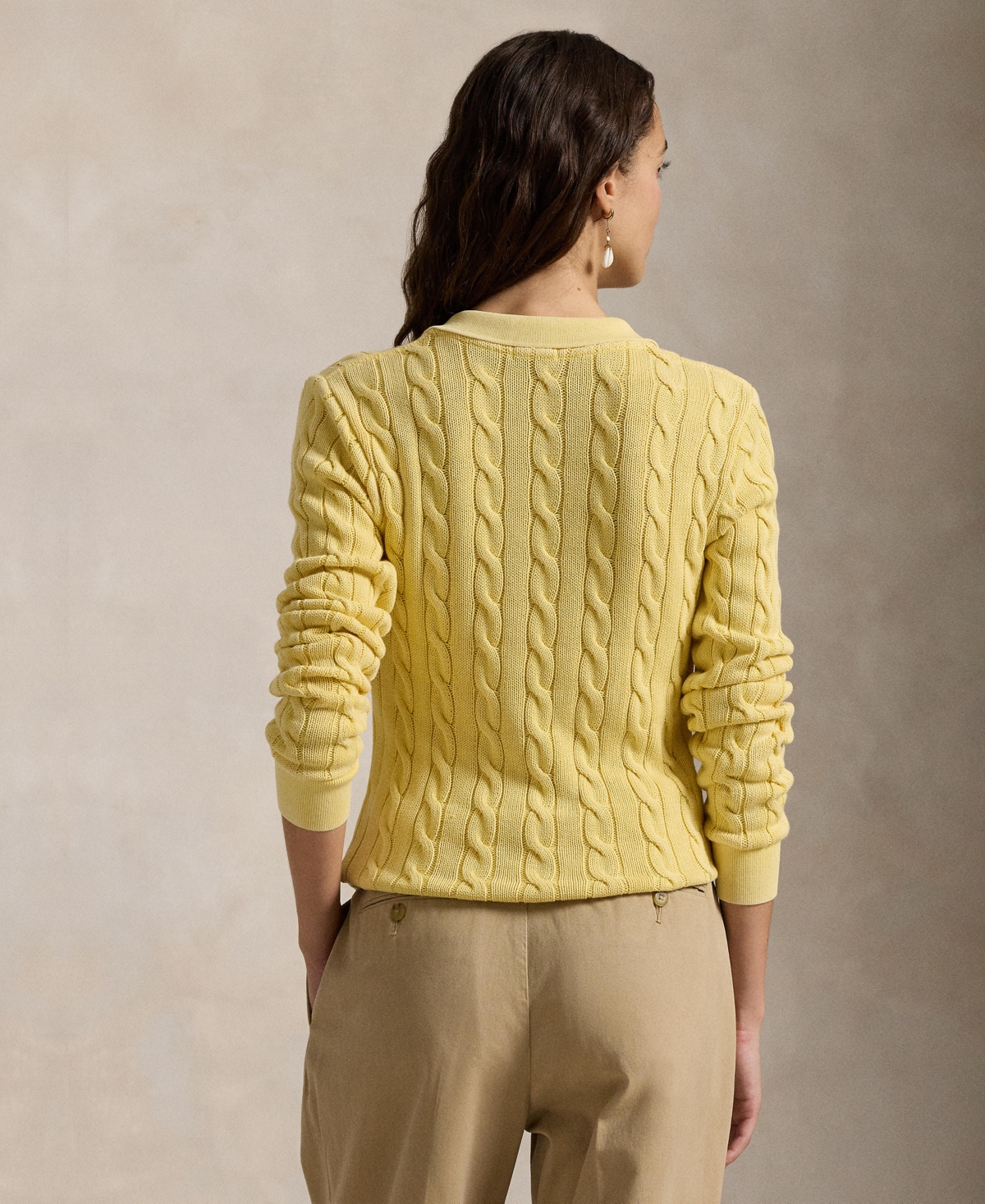 POLO RALPH LAUREN WOMEN'S CABLE-KNIT COTTON LONG-SLEEVE POLO SHIRT SWEATER 