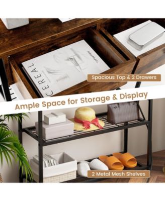 Narrow Console Table with 2 Drawers and 2 Metal Mesh Shelves