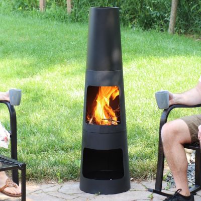 Outdoor Backyard Heavy-Duty Steel Modern Wood-Burning Fire Pit Chiminea with Built-In Log Storage - 49" - Black