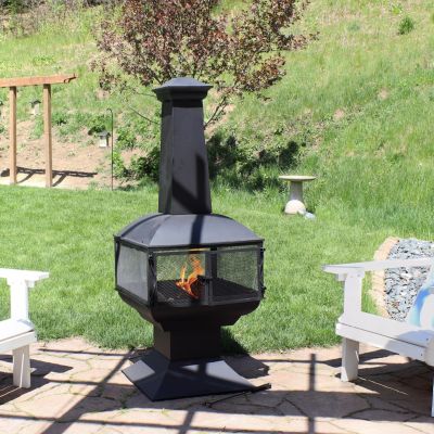 Outdoor Backyard Patio Steel 360-Degree View Wood-Burning Fire Pit Chiminea with Wood Grate and Poker - 57" - Black