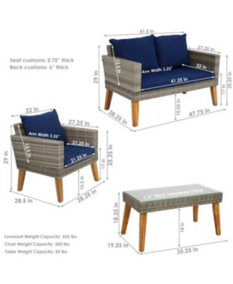 Outdoor Rattan and Acacia Wood Clifdon Patio Furniture Set with Loveseat, Chairs, Table, and Seat Cushions - Navy Blue - 4pc