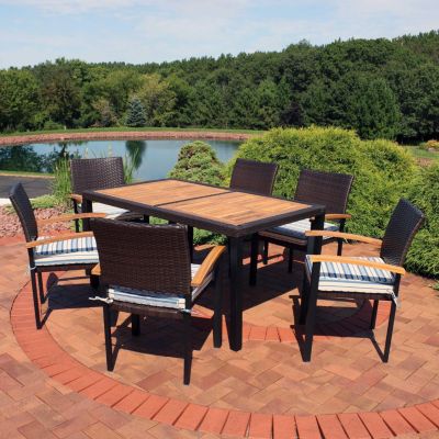 Outdoor Rattan and Acacia Wood Carlow Patio Dining Set with Table, Chairs, and Seat Cushions - 7pc