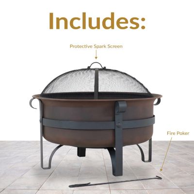 Outdoor Camping or Backyard Large Round Cauldron Fire Pit Bowl with Log Poker and Spark Screen - 29"