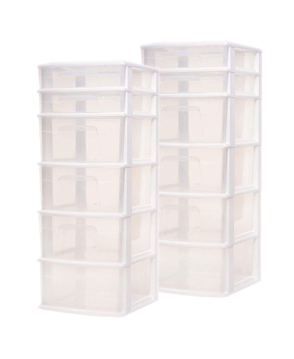 Plastic 6 Clear Drawer Medium Home Storage Container Tower, White (2 Pack)