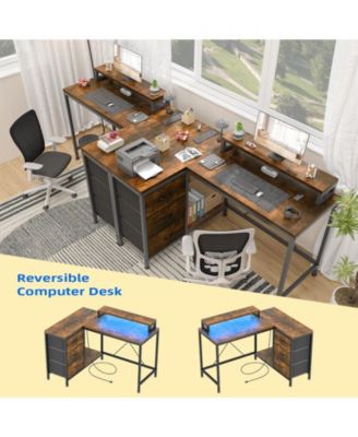 L Shaped Desk with Power Outlets & LED Lights