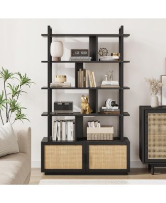 5 Tier Rattan Bookshelf with Storage Cabinet & Door
