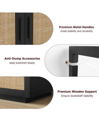 5 Tier Rattan Bookshelf with Storage Cabinet & Door