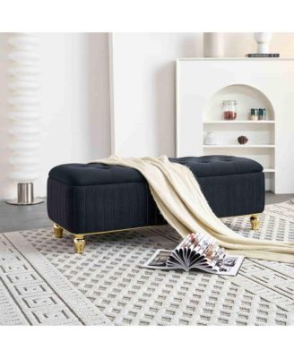 47.24" W Velvet Storage Ottoman Bench with Gold Embroidery, Modern Footstool for Living Room & Bedroom