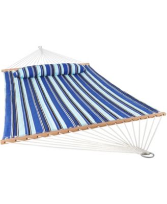 Outdoor 2-Person Double Polyester Quilted Hammock with Wood Spreader Bar and Matte Blue Steel Multi-Use Stand - Catalina Beach