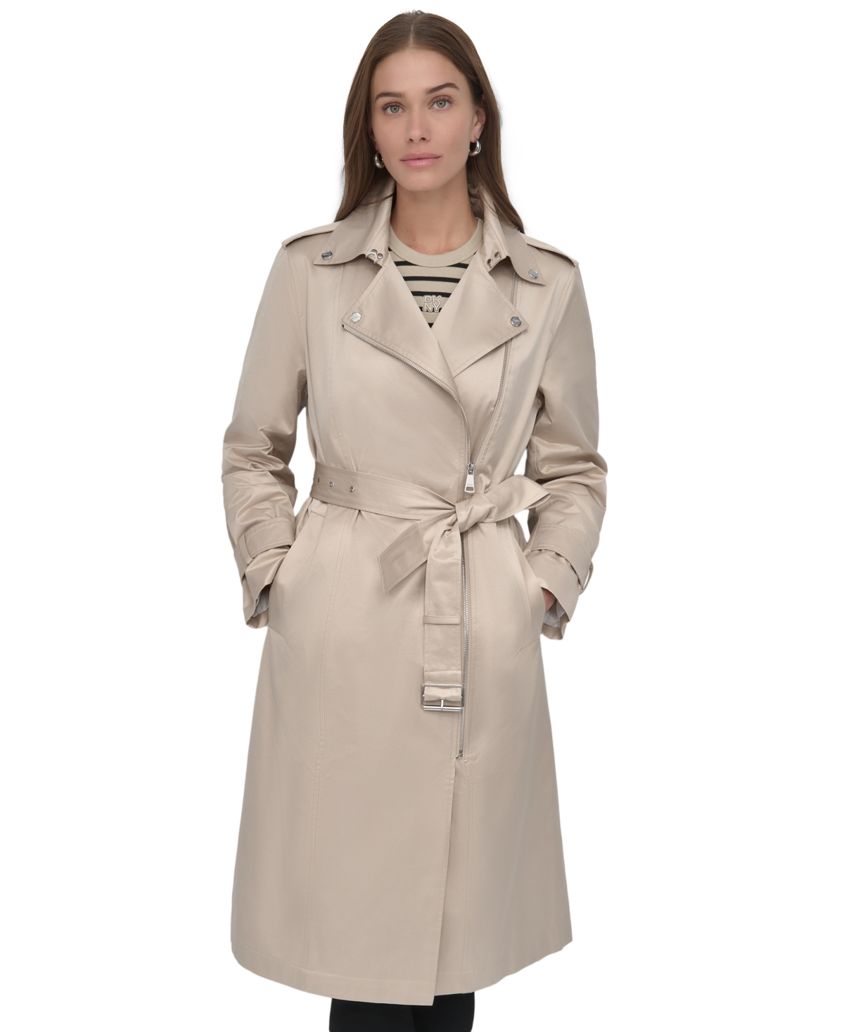 Women's Belted Asymmetric-Zip Trench Coat - Black